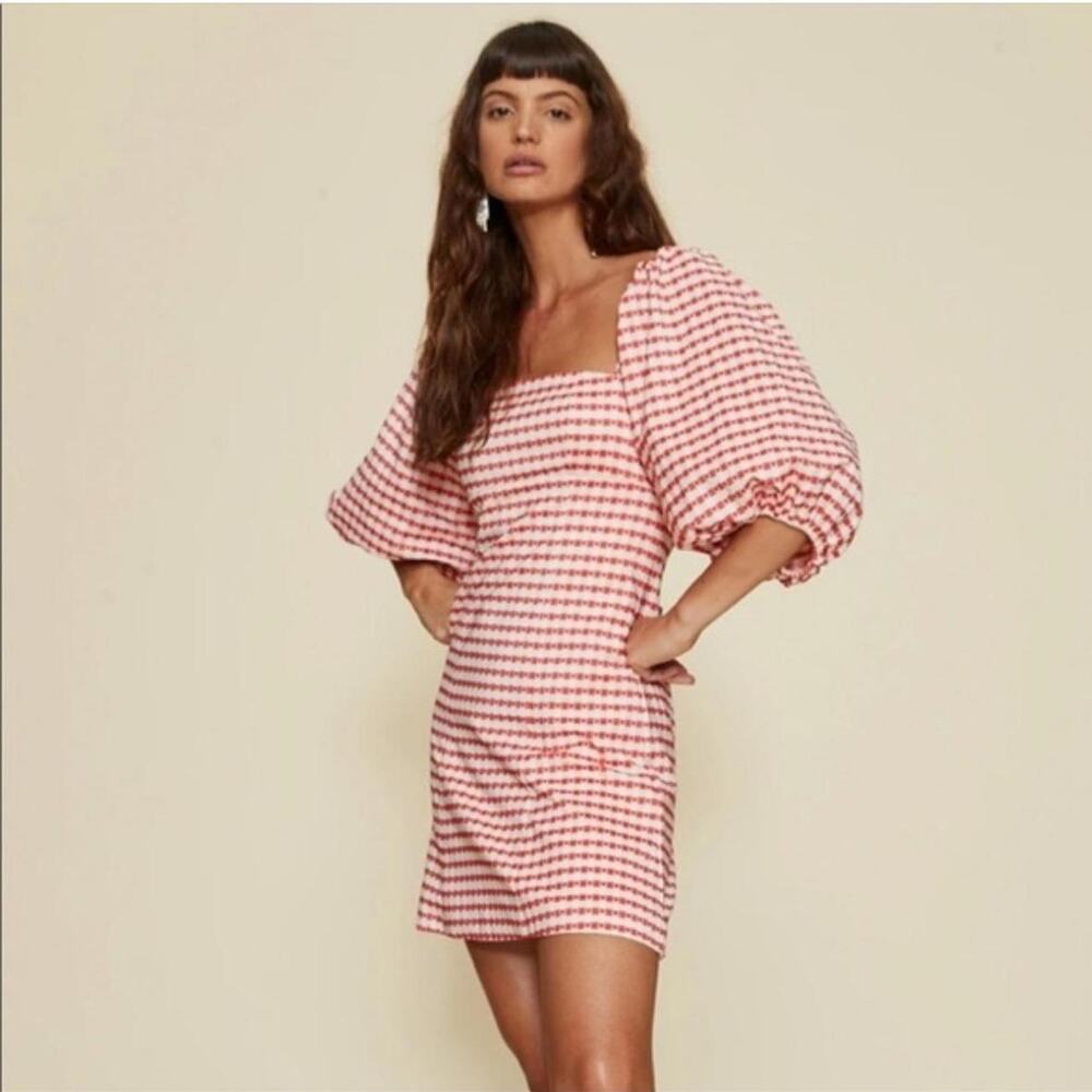 LPA Red Heart Gingham Carly Mini Dress Puff Sleeve Romantic Fit & Flare M
